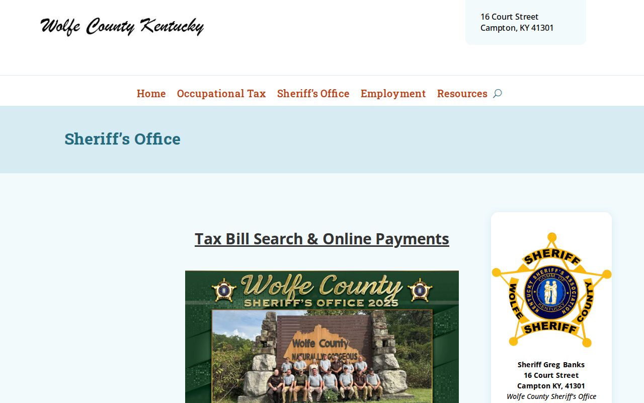 Wolfe County Sheriff official contact page with office details and hours