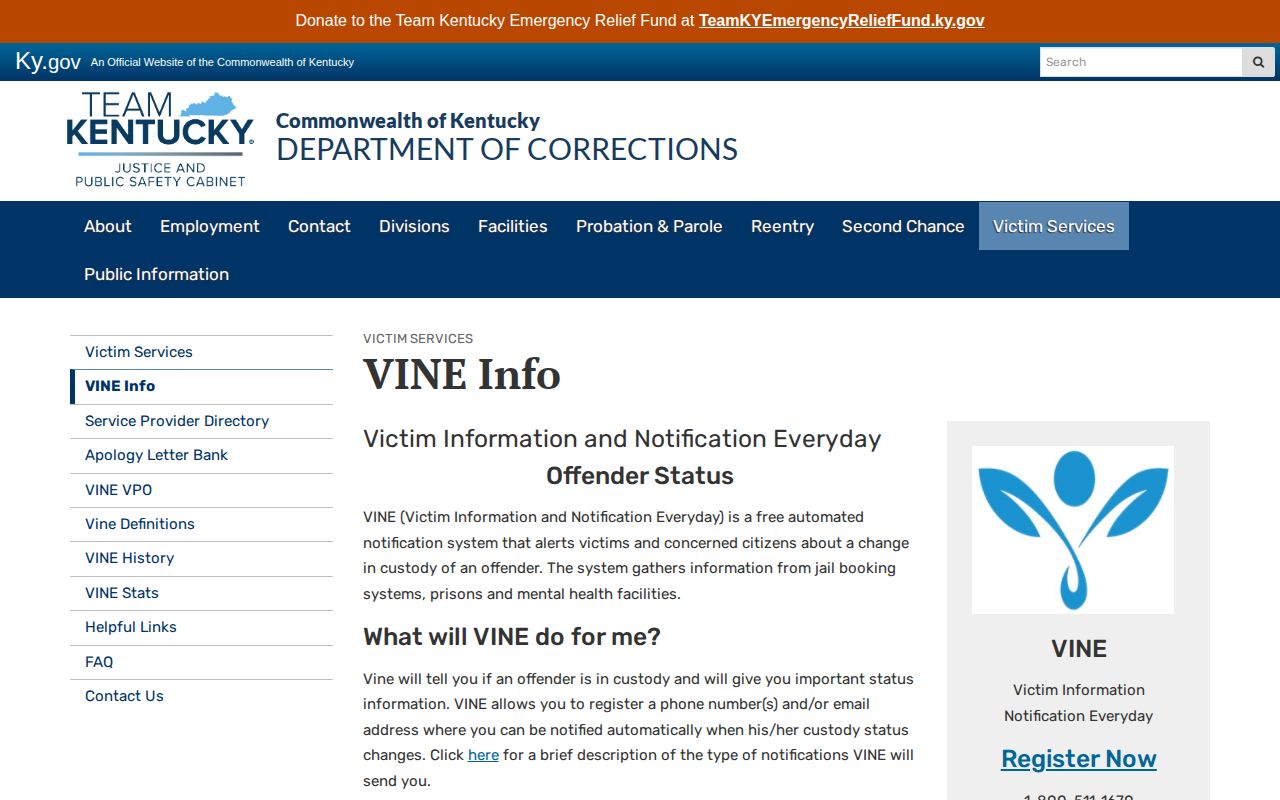 Kentucky VINE instructions for Wolfe County release and transfer alerts