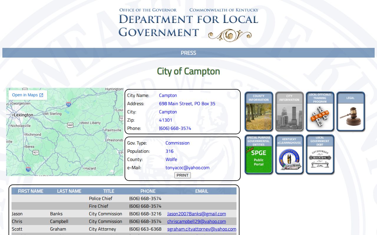 Kentucky Department for Local Government profile showing Campton city and police contact details