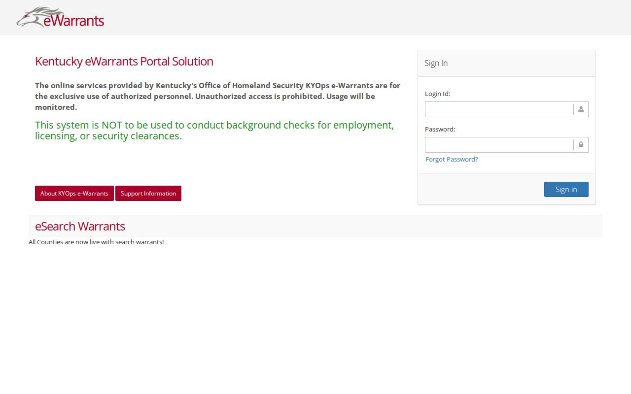 Kentucky eWarrants authorized-user login page showing the public access boundary